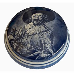 Blue Delfts Hand Painted Holland Frans Hals The Merry Drinker Trinket Dish Lid